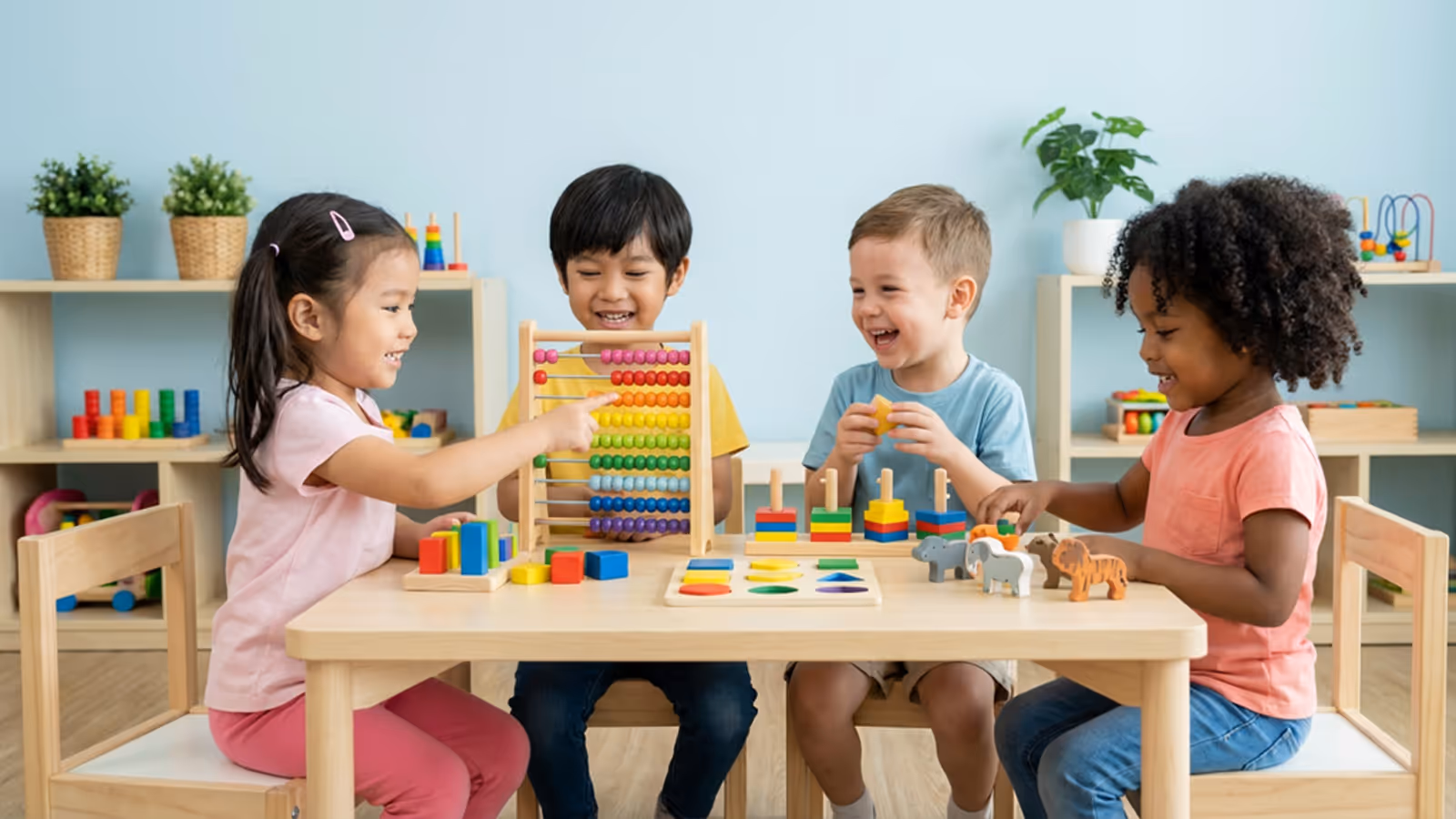 Four children sitting at a wooden table playing with colorful educational toys and smiling.